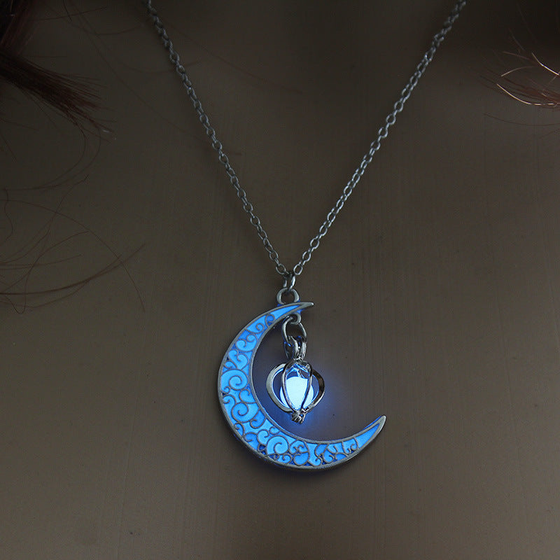 Glowing Pendant Necklace- Silver Plated Moon Pendant Necklace