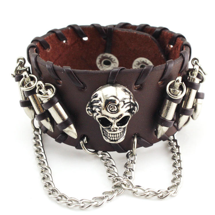 Heavy Metal-Punk-Gothic-PU Leather Wristband-Skull-Bullets-Chain