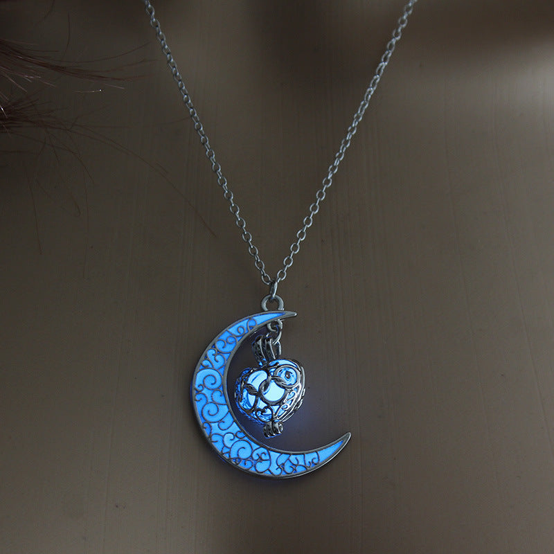 Glowing Pendant Necklace- Silver Plated Moon Pendant Necklace