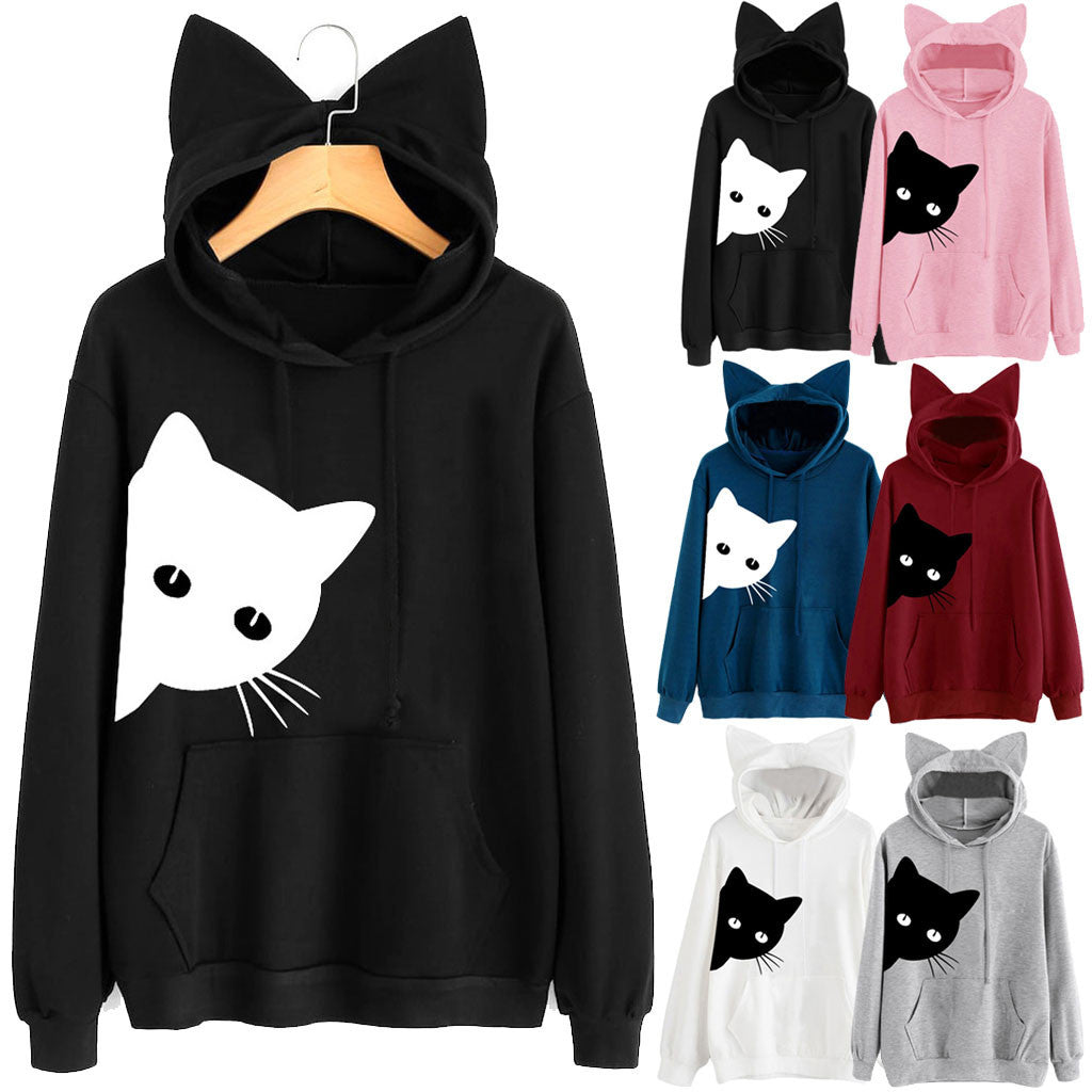 Cat Ladies Style Hoodie-Cotton Blend Fashionable Hooded Long Sleeve