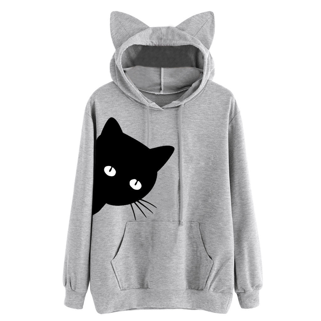 Cat Ladies Style Hoodie-Cotton Blend Fashionable Hooded Long Sleeve