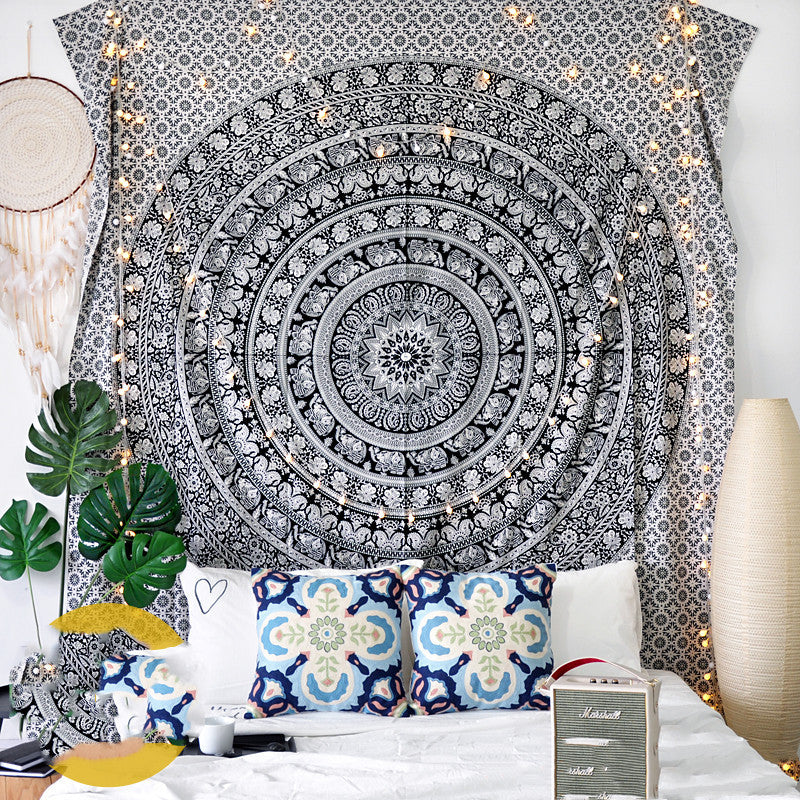 Large Mandala Tapestry-Black and White Mandala Pattern Wall Hanging