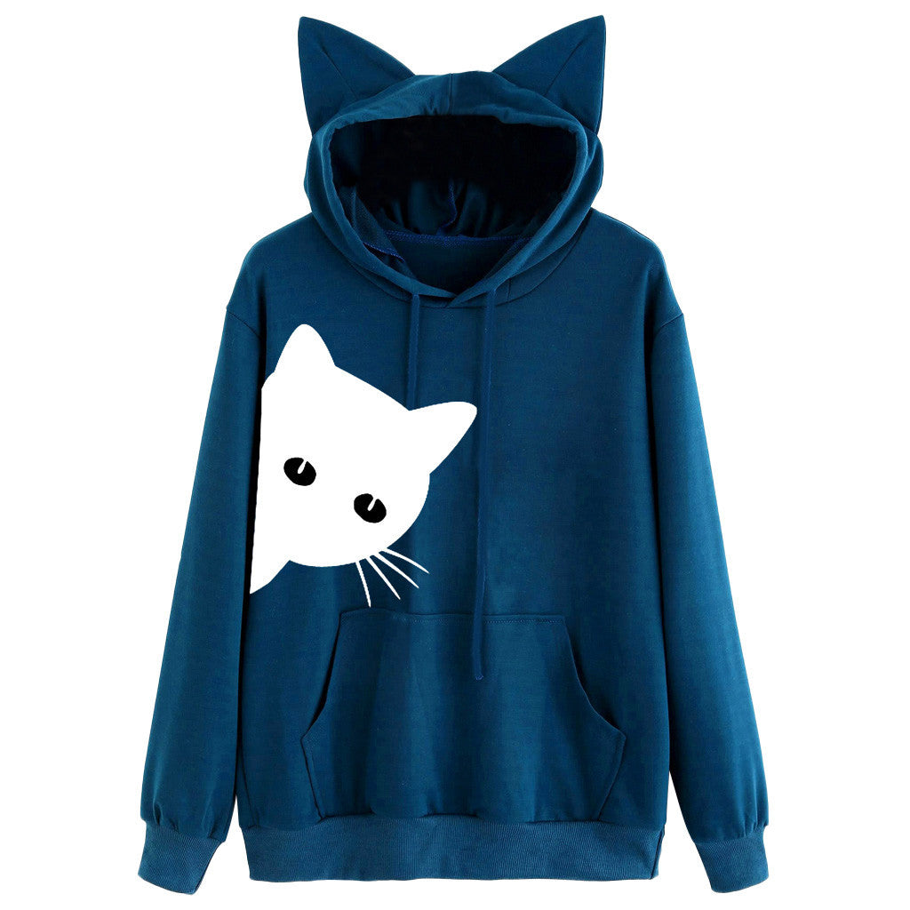 Cat Ladies Style Hoodie-Cotton Blend Fashionable Hooded Long Sleeve