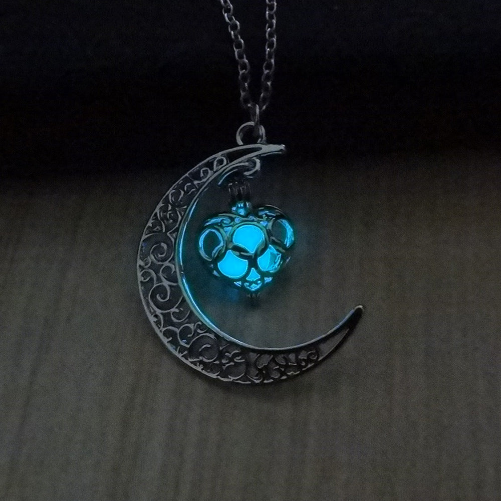 Glowing Pendant Necklace- Silver Plated Moon Pendant Necklace