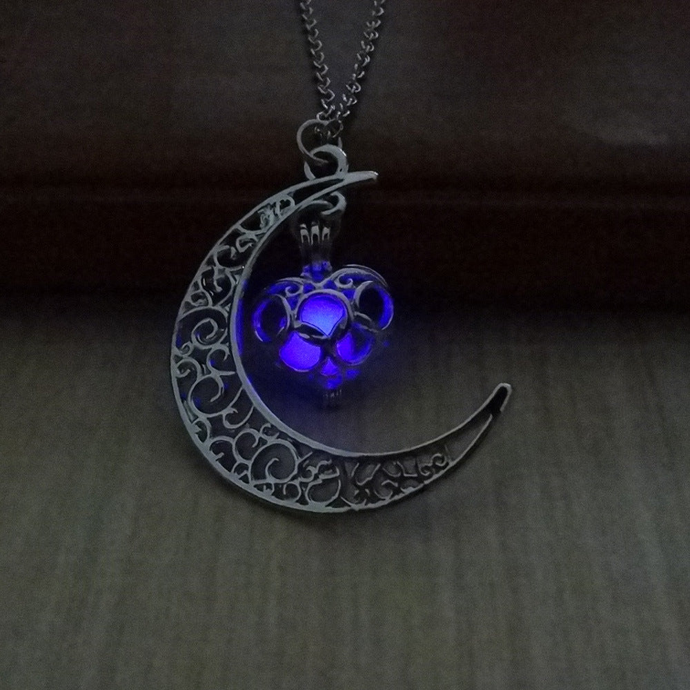 Glowing Pendant Necklace- Silver Plated Moon Pendant Necklace