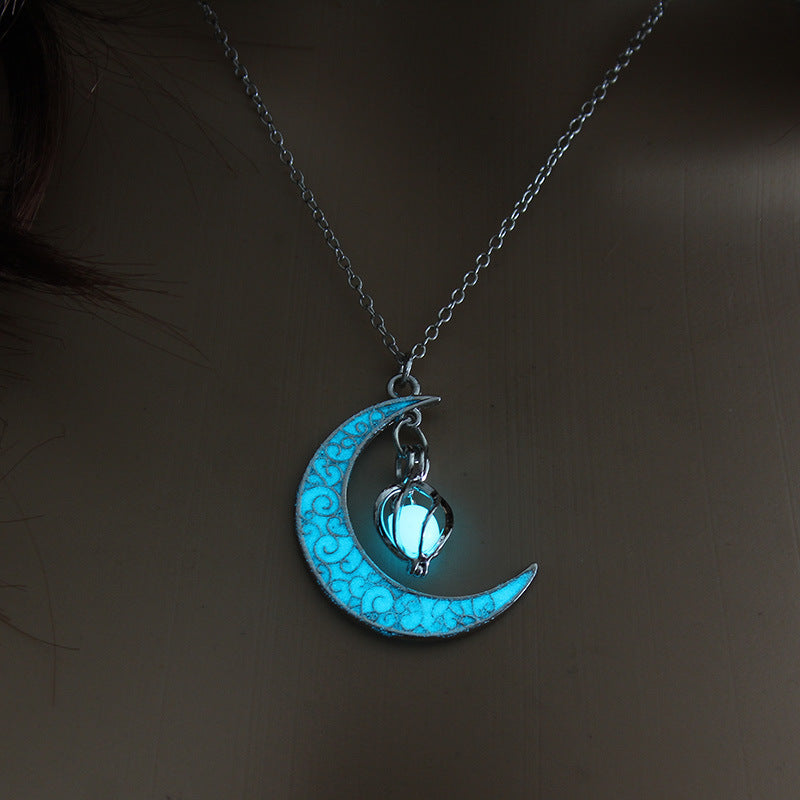 Glowing Pendant Necklace- Silver Plated Moon Pendant Necklace