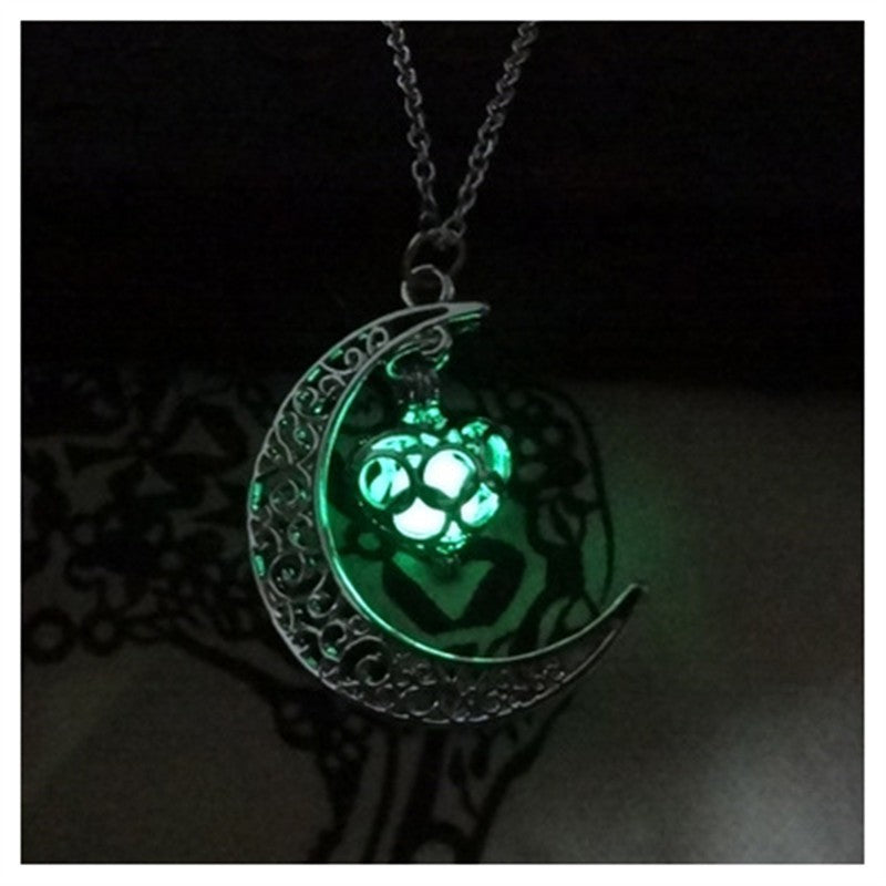 Glowing Pendant Necklace- Silver Plated Moon Pendant Necklace