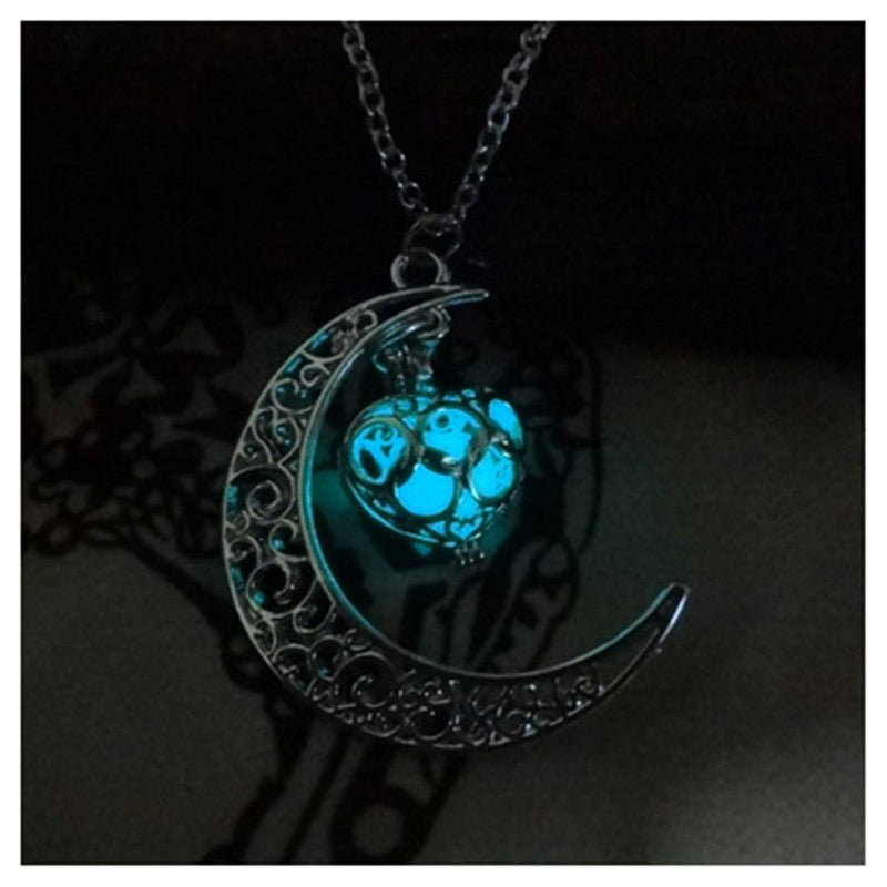 Glowing Pendant Necklace- Silver Plated Moon Pendant Necklace