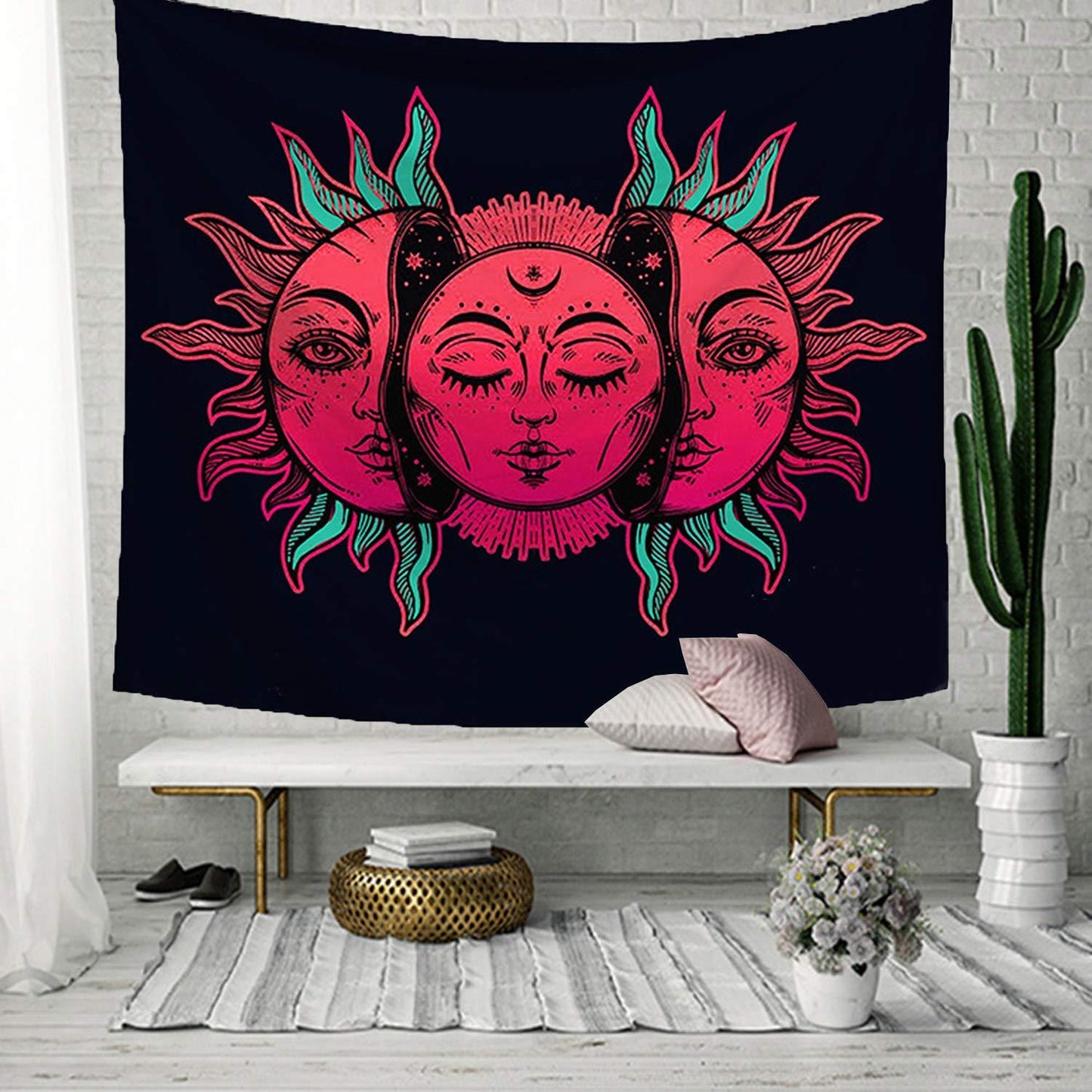 Sun And Moon Boho Style Tapestry-Retro Vibrant Pink Sun Wall Hanging