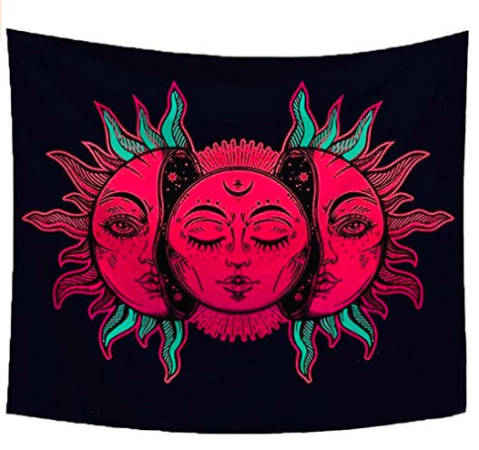 Sun And Moon Boho Style Tapestry-Retro Vibrant Pink Sun Wall Hanging