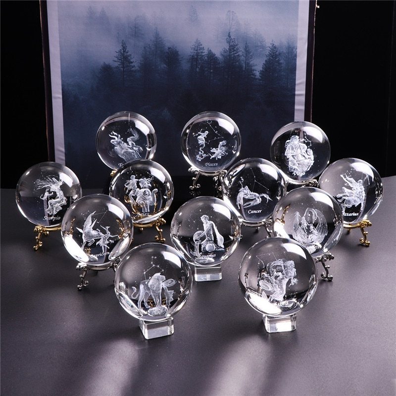 Laser Engraved Zodiac Crystal Ball-All 12 Astrological Signs