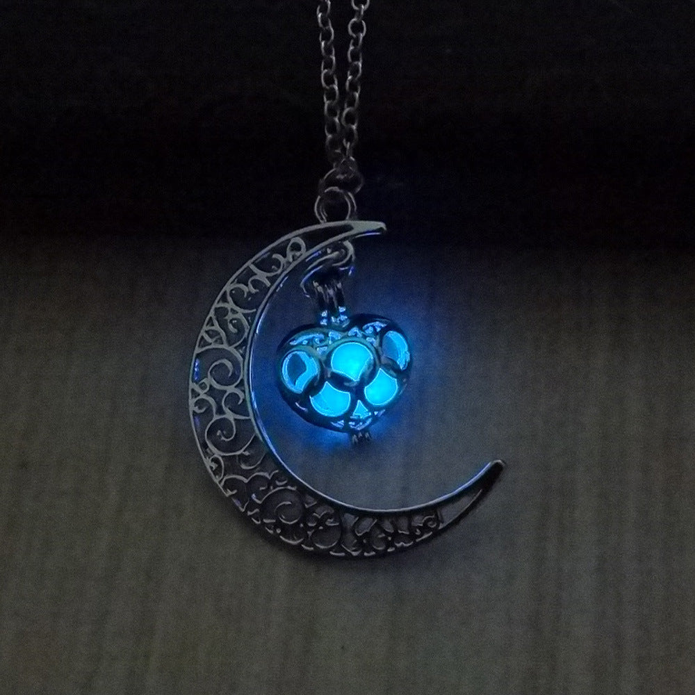 Glowing Pendant Necklace- Silver Plated Moon Pendant Necklace