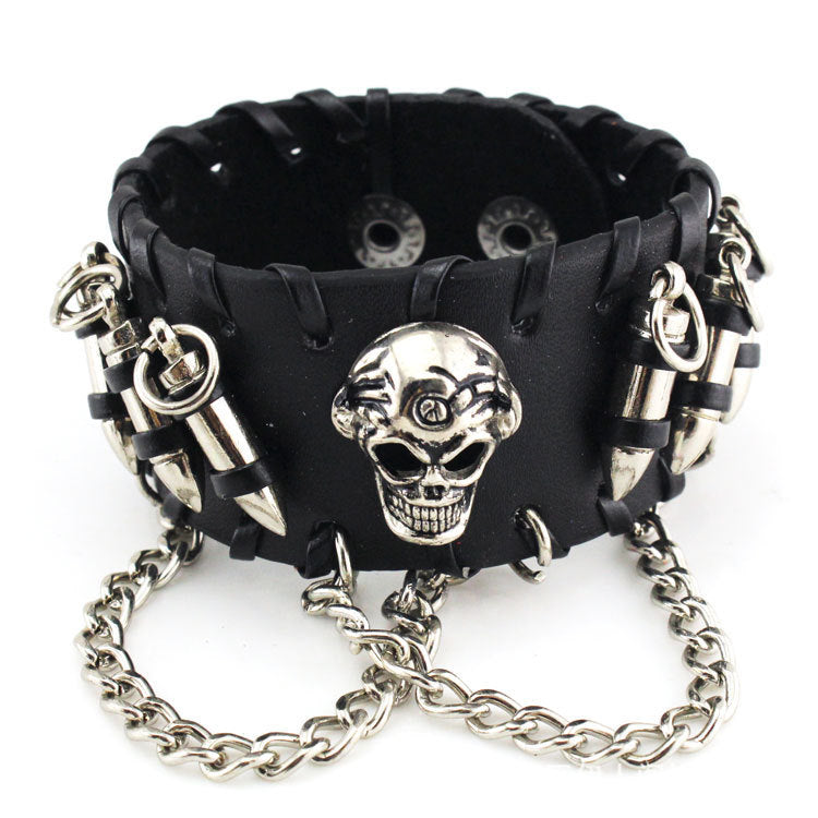 Heavy Metal-Punk-Gothic-PU Leather Wristband-Skull-Bullets-Chain