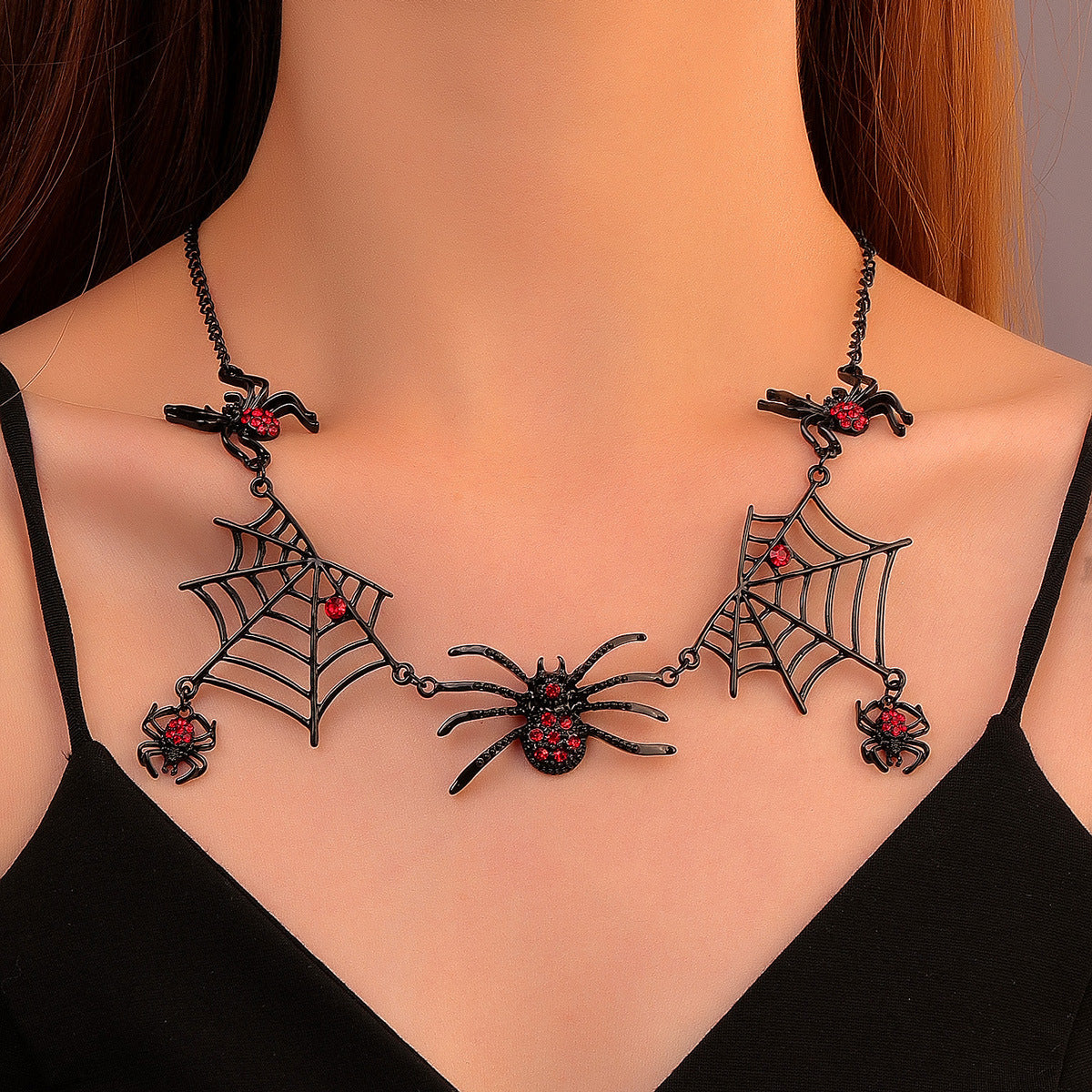 Spider Web Necklace With Spiders-Halloween Jewelry-Spiders-Goth