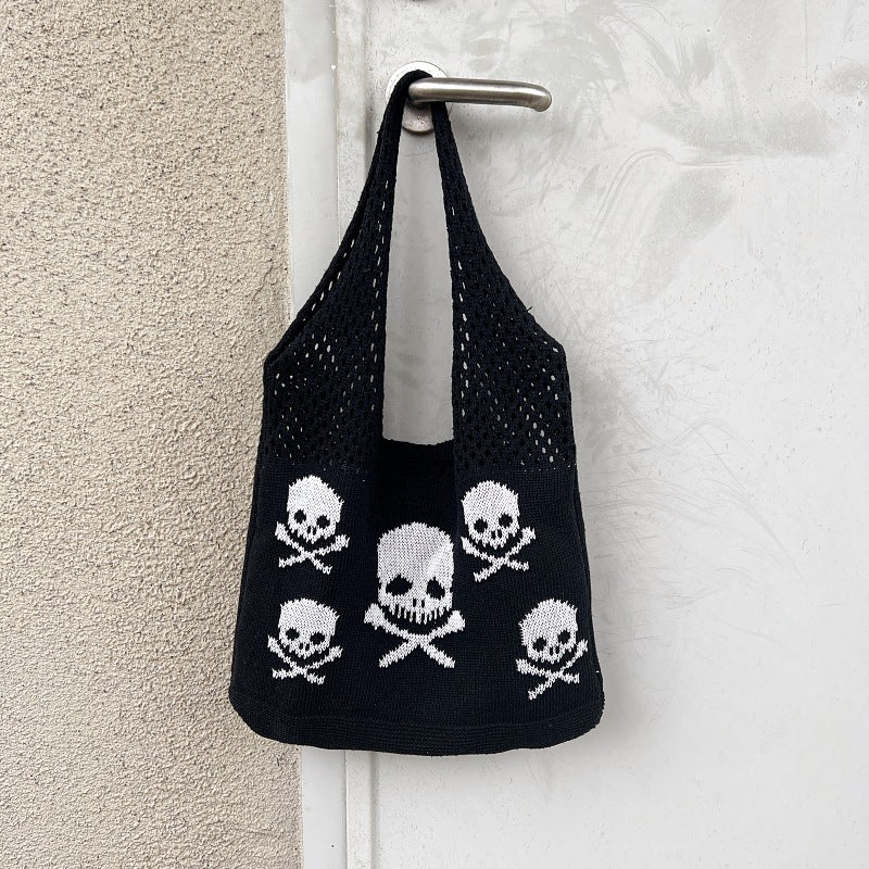 Knit Halloween Theme Tote Bags-Skull and Crossbones Shoulder Bag