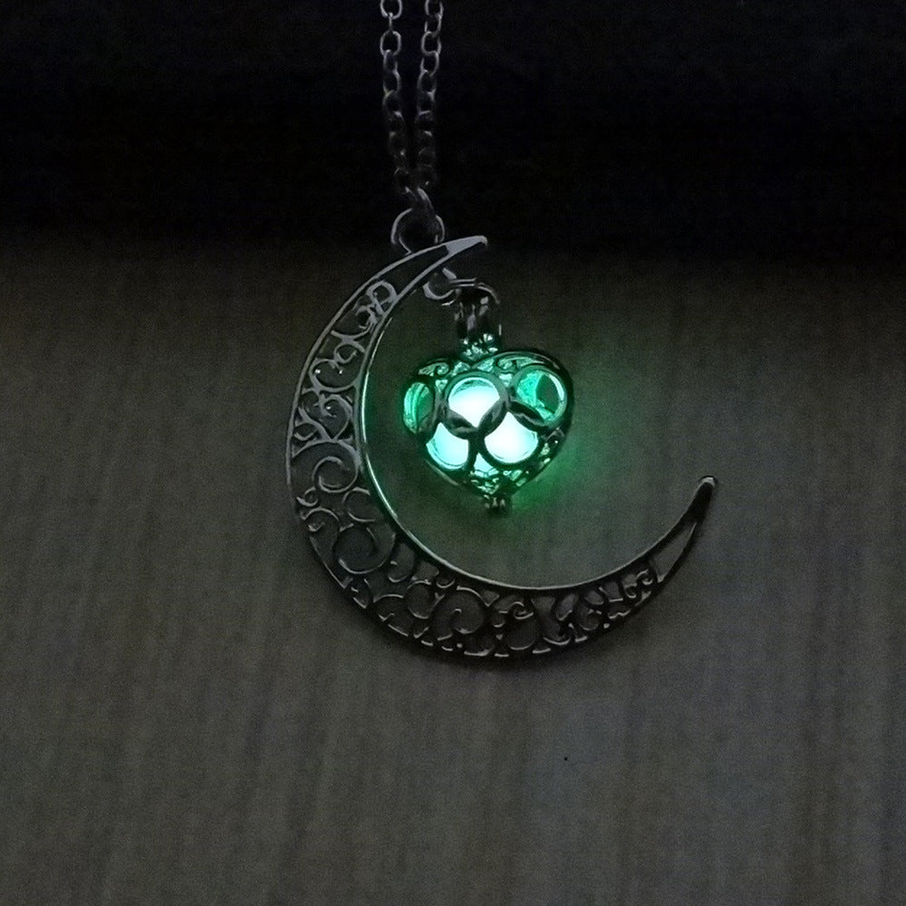 Glowing Pendant Necklace- Silver Plated Moon Pendant Necklace