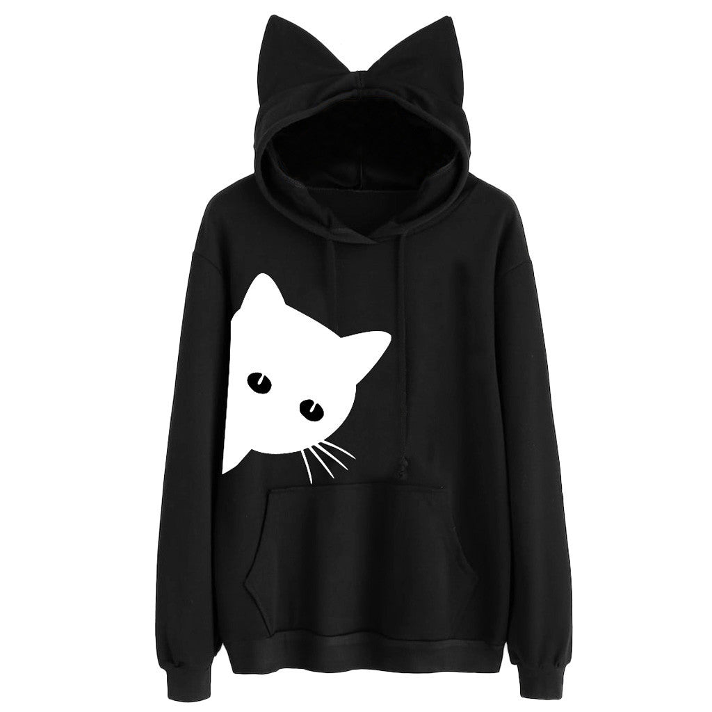 Cat Ladies Style Hoodie-Cotton Blend Fashionable Hooded Long Sleeve