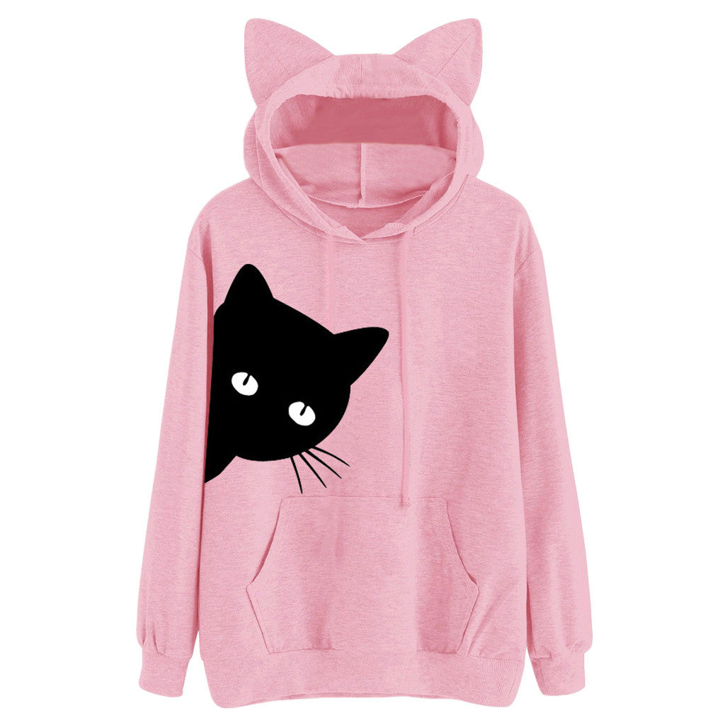 Cat Ladies Style Hoodie-Cotton Blend Fashionable Hooded Long Sleeve