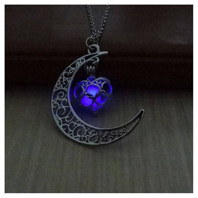 Glowing Pendant Necklace- Silver Plated Moon Pendant Necklace