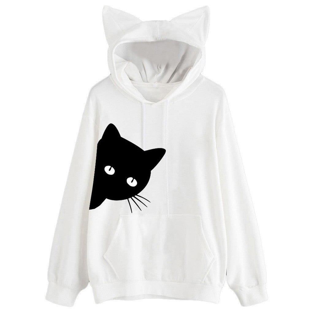 Cat Ladies Style Hoodie-Cotton Blend Fashionable Hooded Long Sleeve