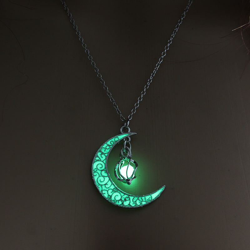 Glowing Pendant Necklace- Silver Plated Moon Pendant Necklace