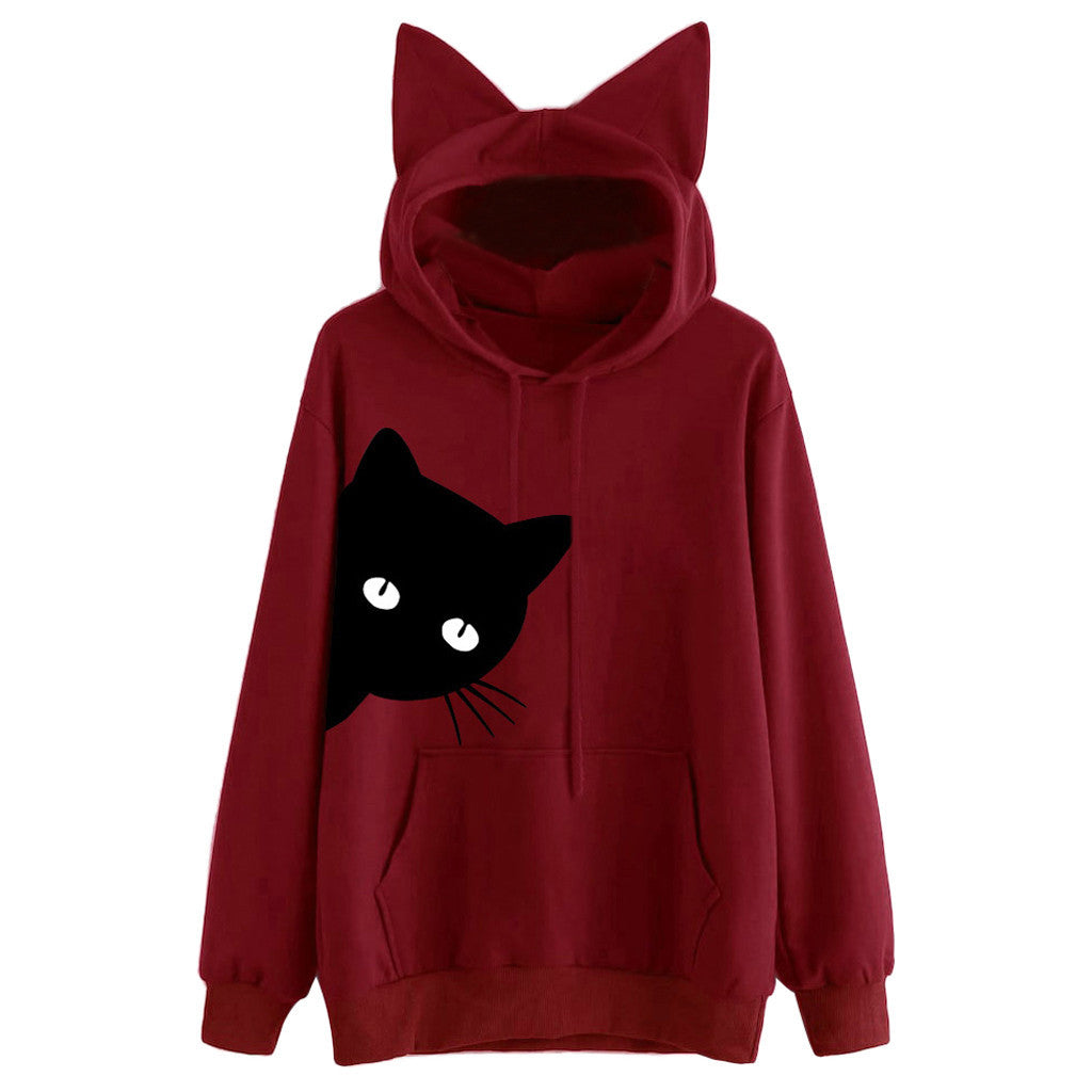 Cat Ladies Style Hoodie-Cotton Blend Fashionable Hooded Long Sleeve