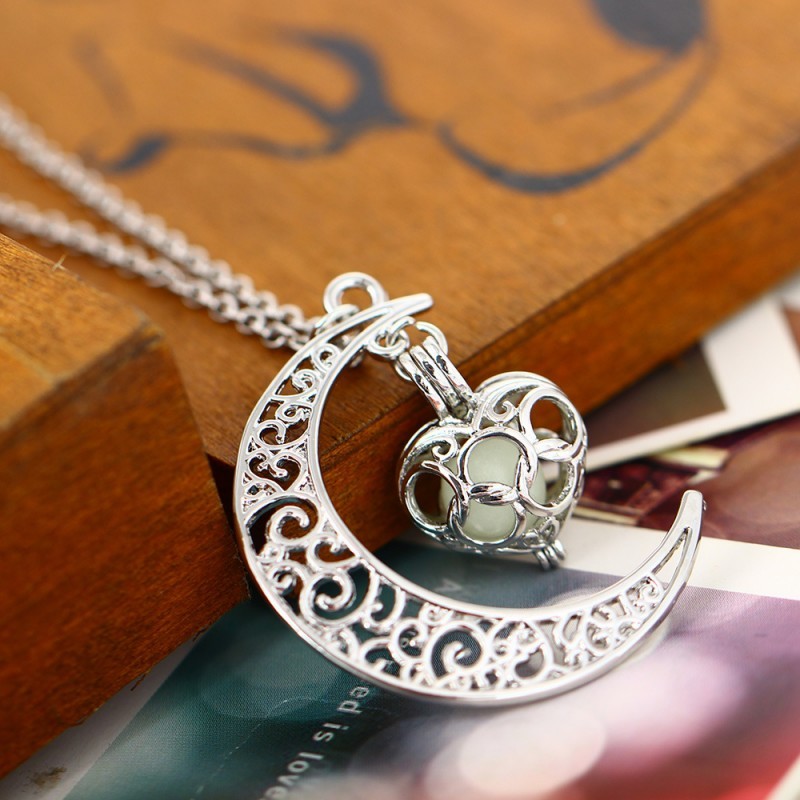 Glowing Pendant Necklace- Silver Plated Moon Pendant Necklace