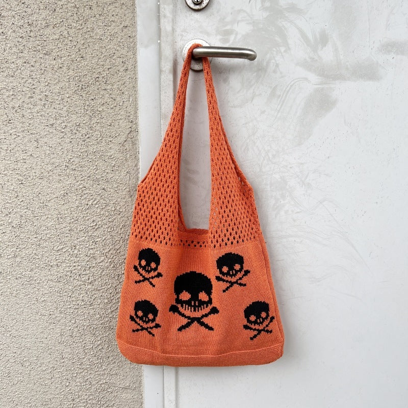 Knit Halloween Theme Tote Bags-Skull and Crossbones Shoulder Bag