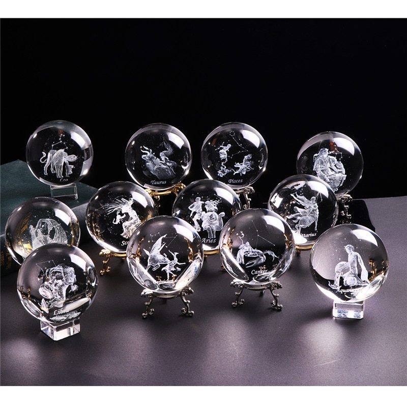 Laser Engraved Zodiac Crystal Ball-All 12 Astrological Signs