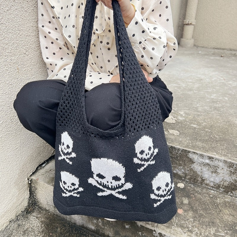 Knit Halloween Theme Tote Bags-Skull and Crossbones Shoulder Bag