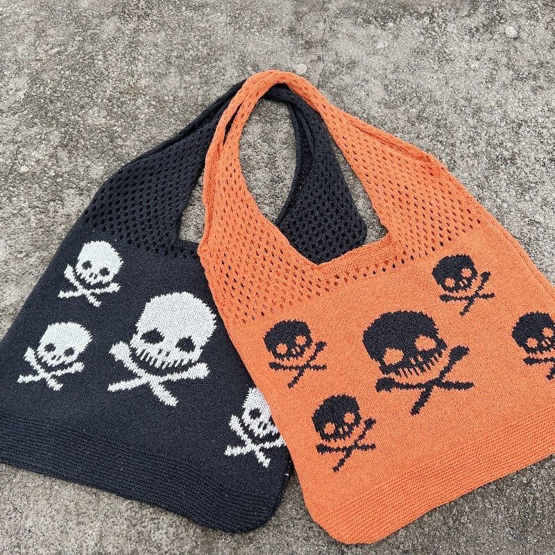 Knit Halloween Theme Tote Bags-Skull and Crossbones Shoulder Bag