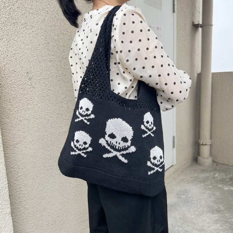 Knit Halloween Theme Tote Bags-Skull and Crossbones Shoulder Bag