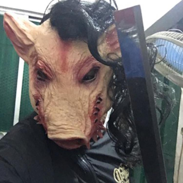 Horror Mask-Pig Head With Hair-Chainsaw Themed Pig Face-Halloween Gear