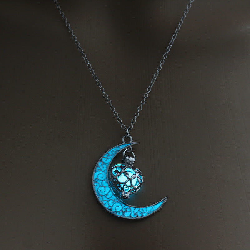 Glowing Pendant Necklace- Silver Plated Moon Pendant Necklace