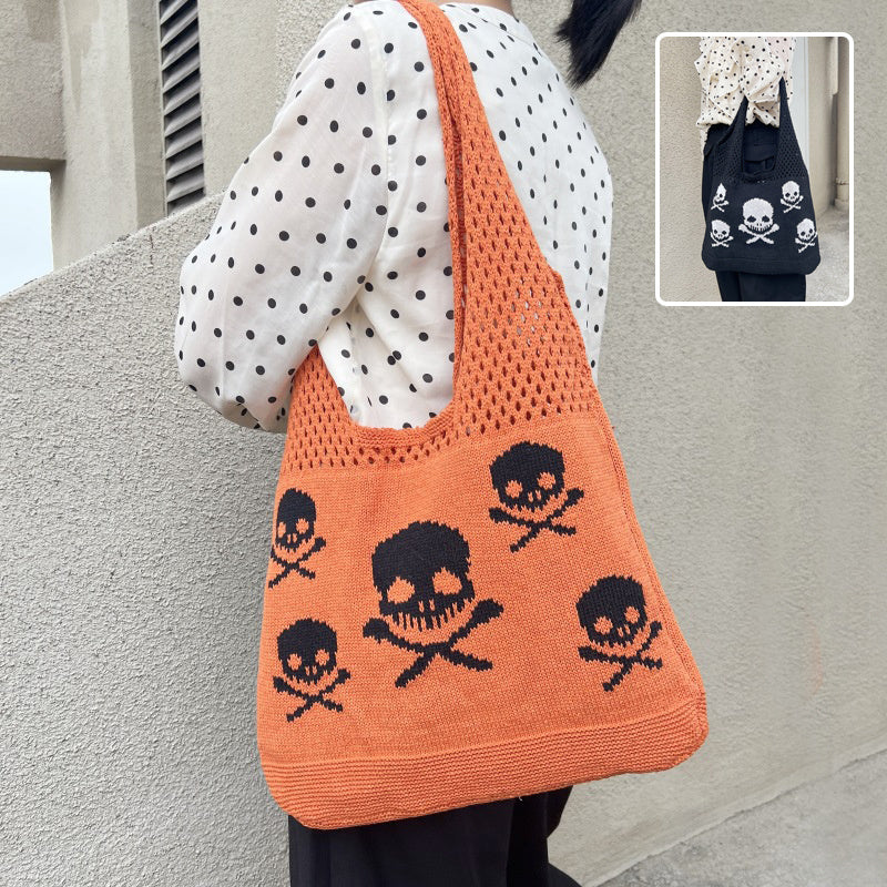 Knit Halloween Theme Tote Bags-Skull and Crossbones Shoulder Bag