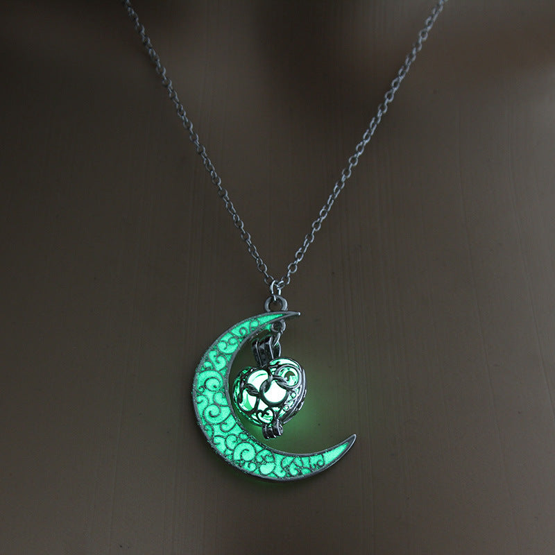 Glowing Pendant Necklace- Silver Plated Moon Pendant Necklace