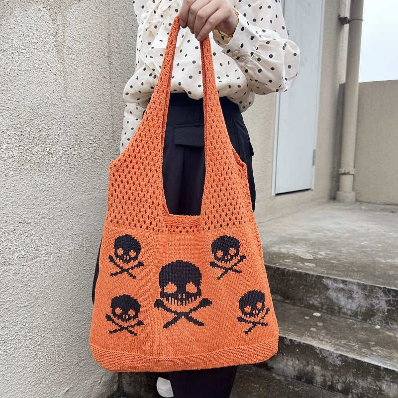 Knit Halloween Theme Tote Bags-Skull and Crossbones Shoulder Bag